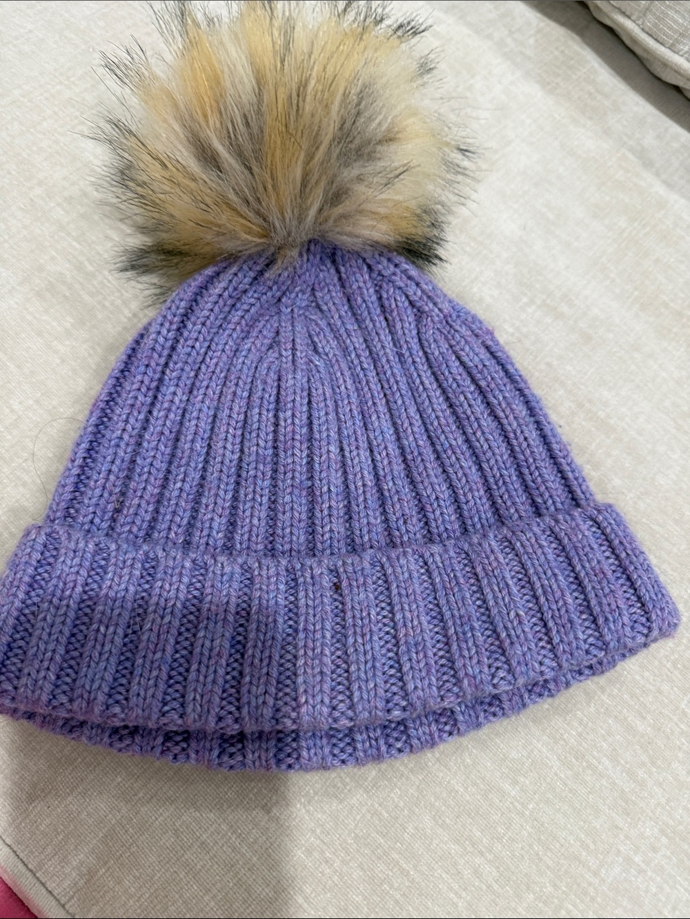 J. Crew Kids Lavender Knit Beanie with Faux-Fur Pom